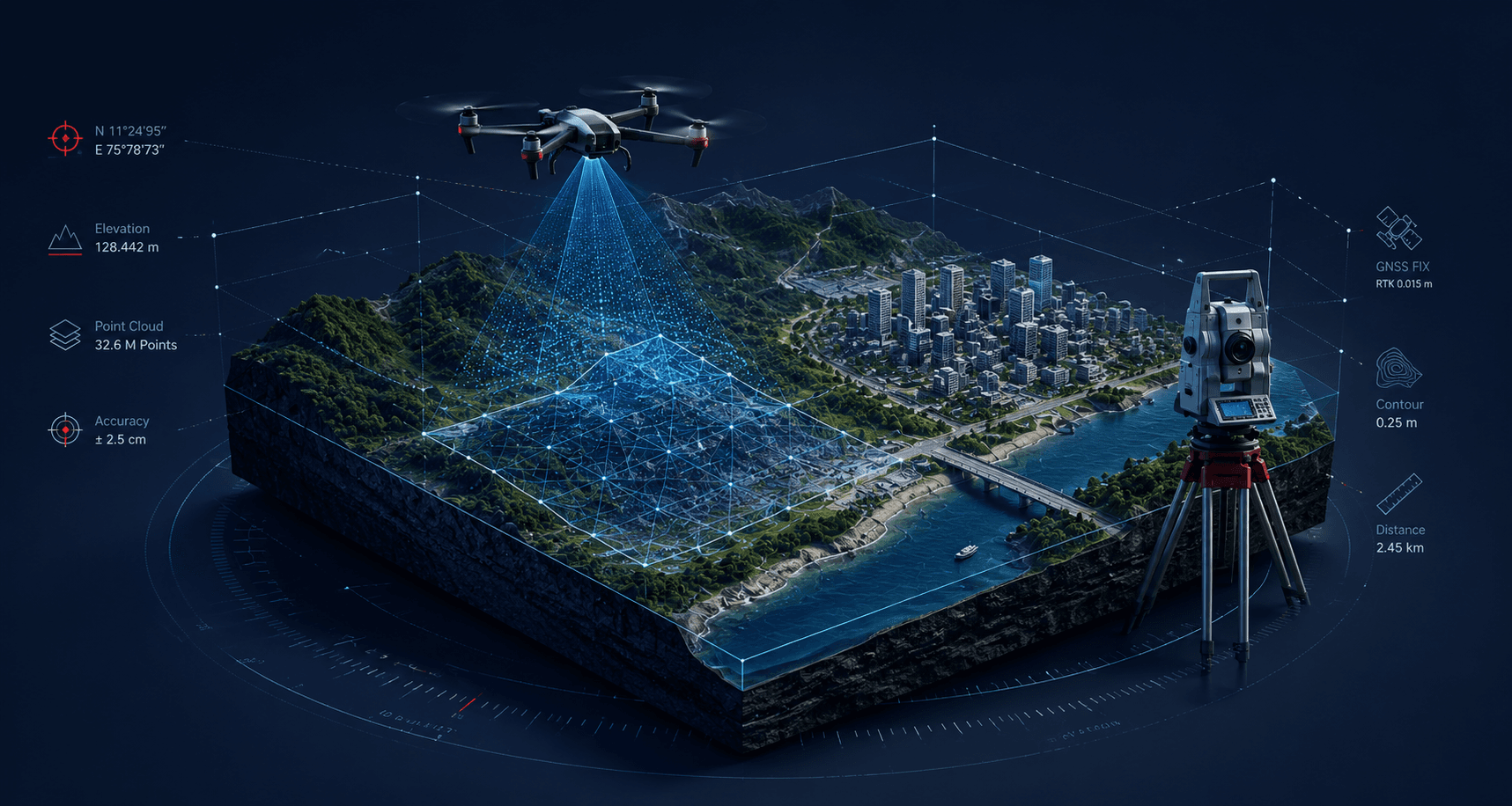 Survey drone scanning a building over instrumented terrain, with the resulting point cloud and measurements